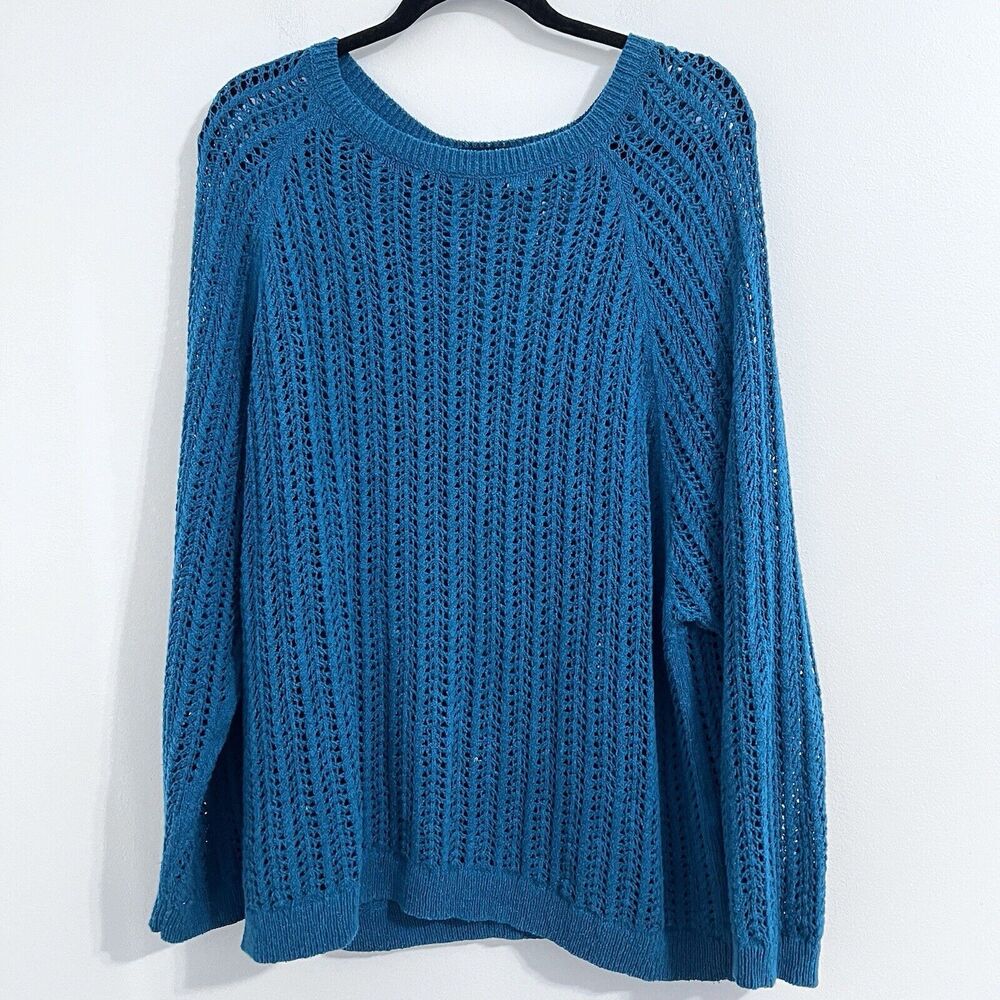 J. Jill Open Knit Sweater Size L Teal Blue Beachy Tunic Round Neck Crochet Top